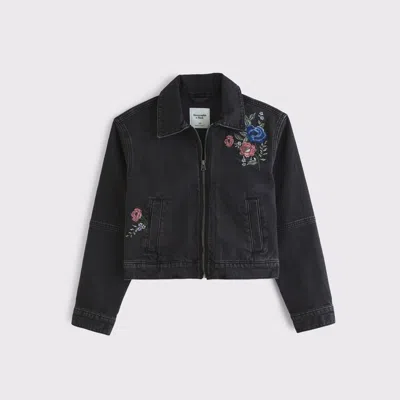 Abercrombie & Fitch Embroidered Denim Zip-up Jacket In Black