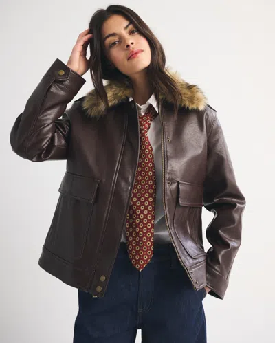Abercrombie & Fitch Faux Fur Collar Vegan Leather Straight Cut Jacket In Brown