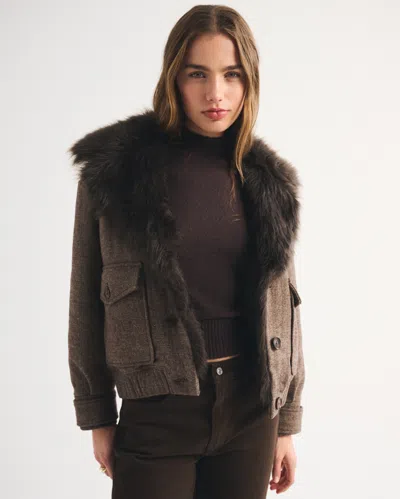 Abercrombie & Fitch Faux Fur Collar Wool-blend Bomber Jacket In Brown