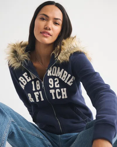 Abercrombie & Fitch Faux Fur-lined Logo Full-zip Hoodie In Blue