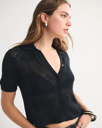 Abercrombie & Fitch Open Knit Button Up Top In Black