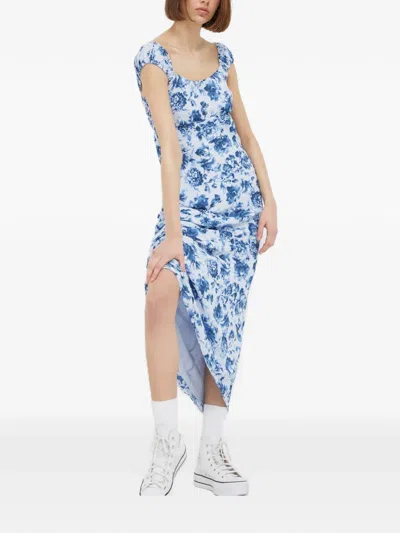 Abercrombie & Fitch Floral-print Square-neck Midi Dress In Blue
