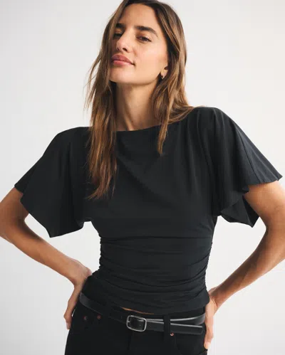 Abercrombie & Fitch Slash Neck Flutter Sleeve Top In Black