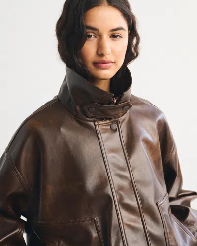 Abercrombie & Fitch Funnel Neck Vegan Leather Bomber Jacket In Brown Distressed