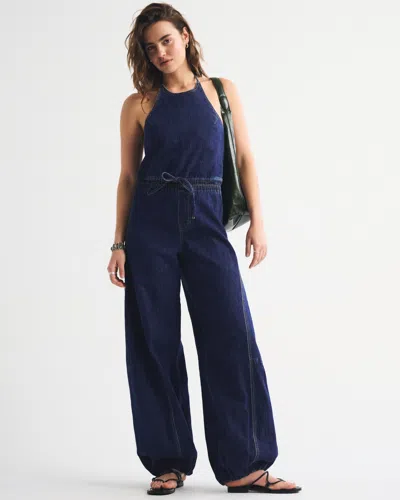 Abercrombie & Fitch High-neck Linen-blend Denim Balloon Leg Jumpsuit In Blue