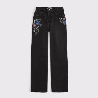 Abercrombie & Fitch High Rise 90s Relaxed Floral Embroidered Jean In Black