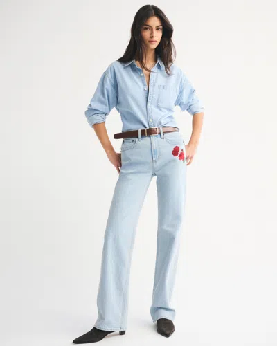 Abercrombie & Fitch High Rise 90s Relaxed Rose Embroidered Jean In Blue