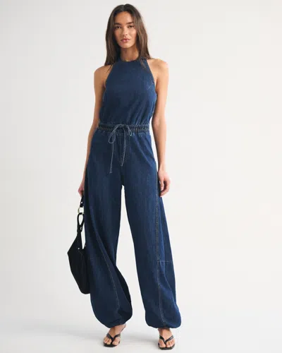 Abercrombie & Fitch High-neck Linen-blend Denim Balloon Leg Jumpsuit In Blue
