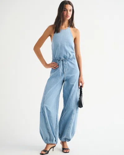 Abercrombie & Fitch High-neck Linen-blend Denim Balloon Leg Jumpsuit In Brown