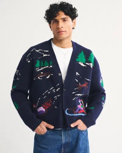 Abercrombie & Fitch Holiday Graphic Cardigan In Blue