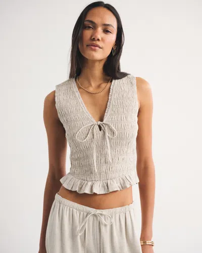Abercrombie & Fitch Linen-blend Smocked Tie-front Top In Neutral