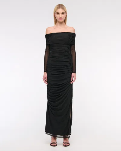 Abercrombie & Fitch Long-sleeve Mesh Asymmetrical Draped Maxi Dress In Black