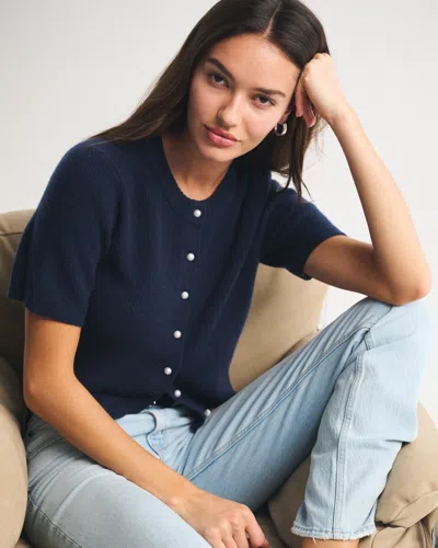 Abercrombie & Fitch Merino Wool-blend Short-sleeve Cardigan In Blue