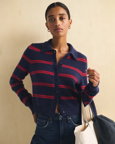 Abercrombie & Fitch Merino Wool-blend Shrunken Collared Cardigan In Deep Navy Stripe