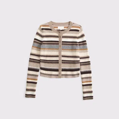 Abercrombie & Fitch Merino Wool-blend Shrunken Crew Cardigan In Light Brown Stripe