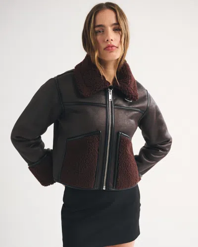 Abercrombie & Fitch Mockneck Shearling Short Coat In Brown