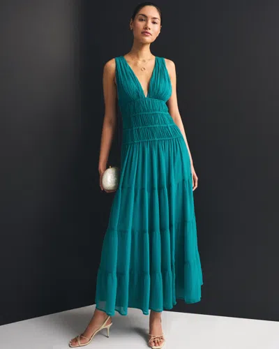 Abercrombie & Fitch V-neck Flowy Crinkle Chiffon Maxi Dress In Blue