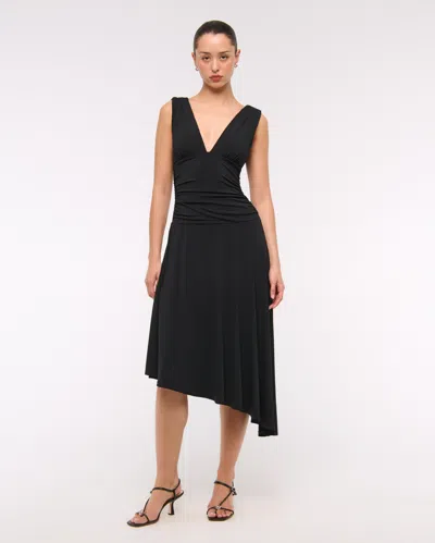 Abercrombie & Fitch Plunge Ruched Knit Midi Dress In Black