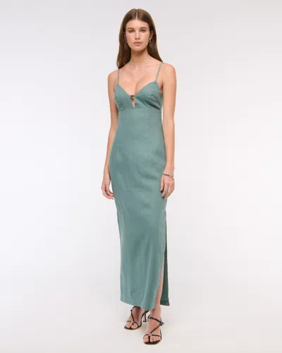Abercrombie & Fitch Premium Linen Cutout Midi Dress In Green