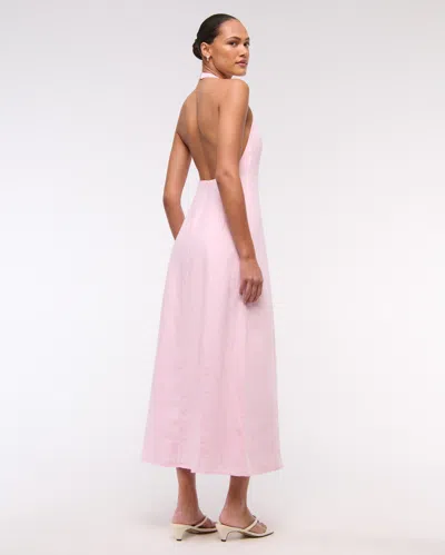 Abercrombie & Fitch Premium Linen High-neck Maxi Dress In Pink