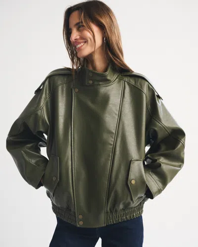 Abercrombie & Fitch Relaxed Mockneck Vegan Leather Bomber Jacket In Green