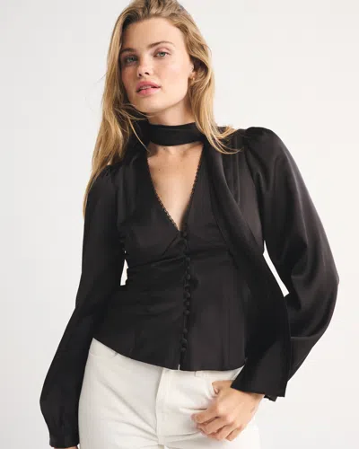 Abercrombie & Fitch Removable Scarf V-neck Blouse In Black