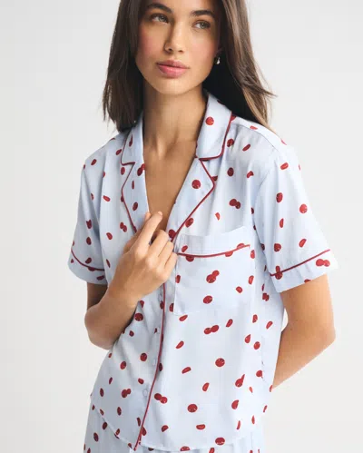 Abercrombie & Fitch Satin Short Sleeve Pajama Shirt With Tomato Polka Dots In Blue