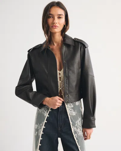 Abercrombie & Fitch Shrunken Vegan Leather Bomber Jacket In Black