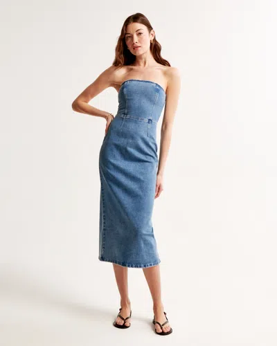 Abercrombie & Fitch Strapless Denim Midi Dress In Blue