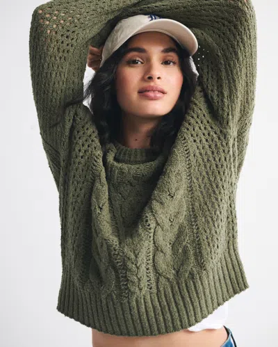 Abercrombie & Fitch Textural Stitch Cable Crewneck Sweater In Green