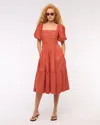 Abercrombie & Fitch The A&f Emerson Linen-blend Puff Sleeve Midi Dress In Red