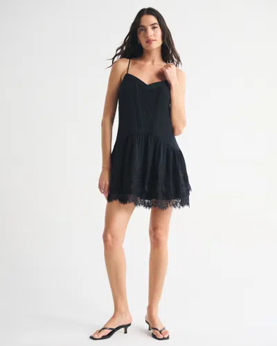 Abercrombie & Fitch V-neck Lace Ruffle Mini Dress In Black