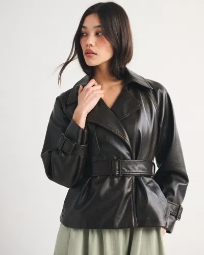 Abercrombie & Fitch Vegan Leather Belted Short Trench Coat In Black