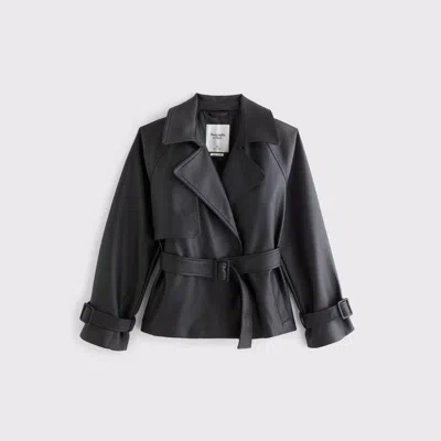 Abercrombie & Fitch Vegan Leather Short Belted Trench Coat In Black