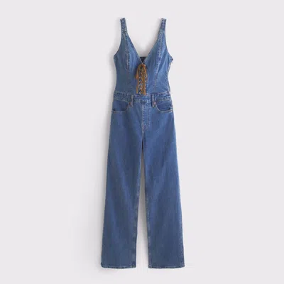 Abercrombie & Fitch Vegan Suede Lace-up Denim Jumpsuit In Blue