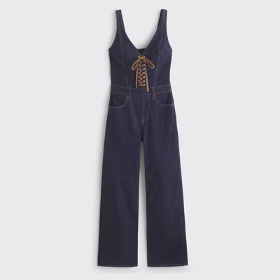 Abercrombie & Fitch Vegan Suede Lace-up Denim Jumpsuit In Blue