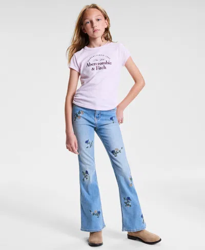 Abercrombie Kids' Girls High-rise Floral Embroidered Flared Jeans In Blue