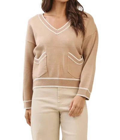 Able Amalia Contrast Trim Varsity Sweater In Tan & White In Brown