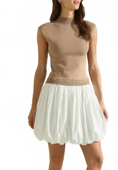 Able Balloon Contrast Mini Dress In White/taupe In Multi
