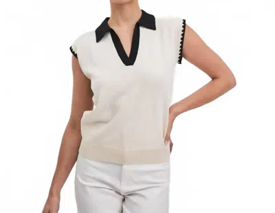 Able Contrast Collared V Neck Knit Top In Cream/black In White