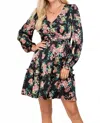 Able Floral Satin Dress In Black In Black