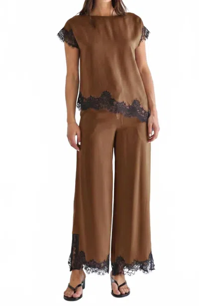 Able Satin Lace Top And Pants Set In Mocha In Brown