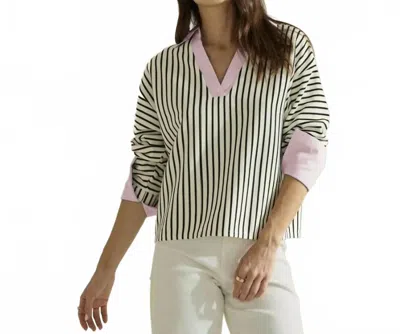 Able Striped Top With Contrast Neck And Cuffs In Ivory/pink In White