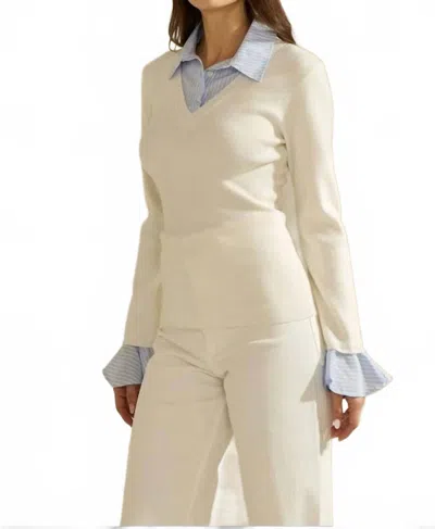 Able Sweater Top With Contrast Neck & Cuffs In Ivory/sky