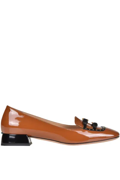 Chocolate Moccasin in Black Patent Leather