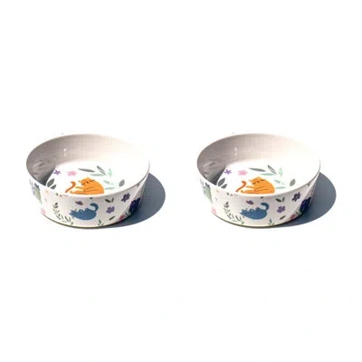 Abode Homewares Flower Cats Melamine Pet Bowl - 1.5 Cups - Cream & Multicolor In White