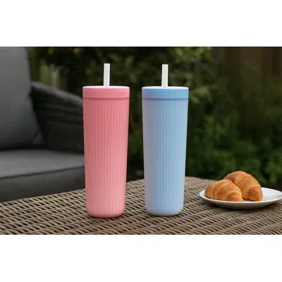Abode Homewares Mesa Cold Double Wall Travel Tumbler W/ Straw - Pink & Green - 24 oz In Blue