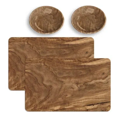 Abode Homewares Tarhong 0.75 Cup Olive Pet Saucer (2) And 19" Placemats (2), 4 Pc Set In Brown