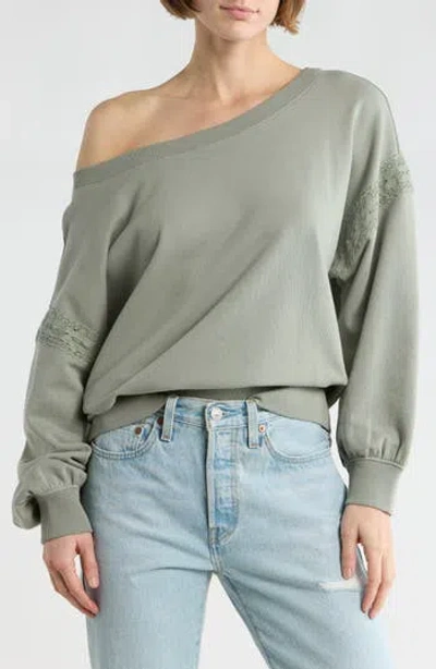 Abound Lace Trim One-shoulder Sweatshirt In Green