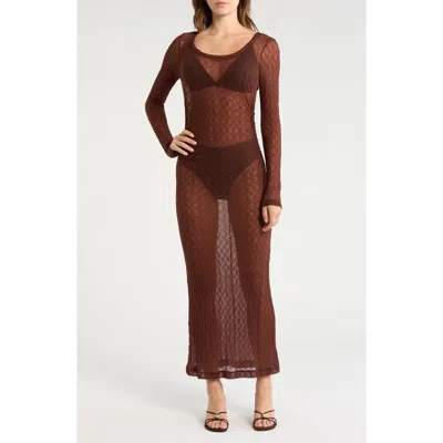 Abound Long Sleeve Sheer Lace Cover Up Dress In Brown